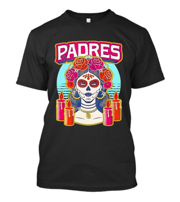 San Diego Padres La Catrina Dia De Los Muertos Candles And Flowers T-Shirt