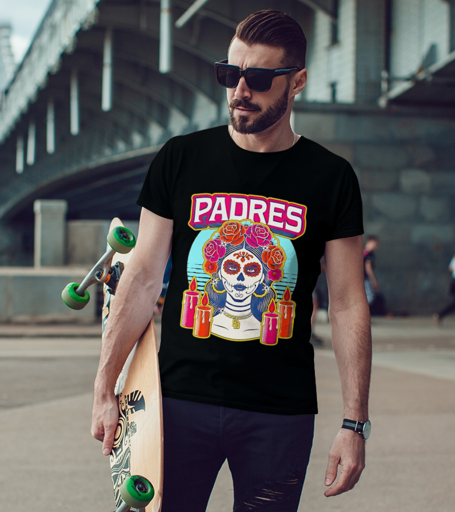 San Diego Padres La Catrina Dia De Los Muertos Candles And Flowers T-Shirt