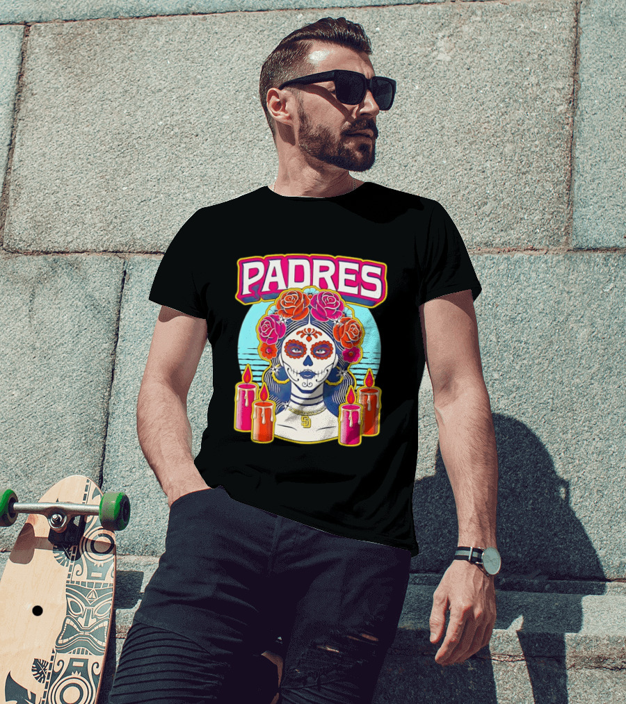 San Diego Padres La Catrina Dia De Los Muertos Candles And Flowers T-Shirt