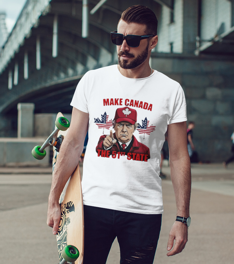 Make Canada The 51st State Trump Red Cap Maple Leaf Stars Stripes T-Shirt