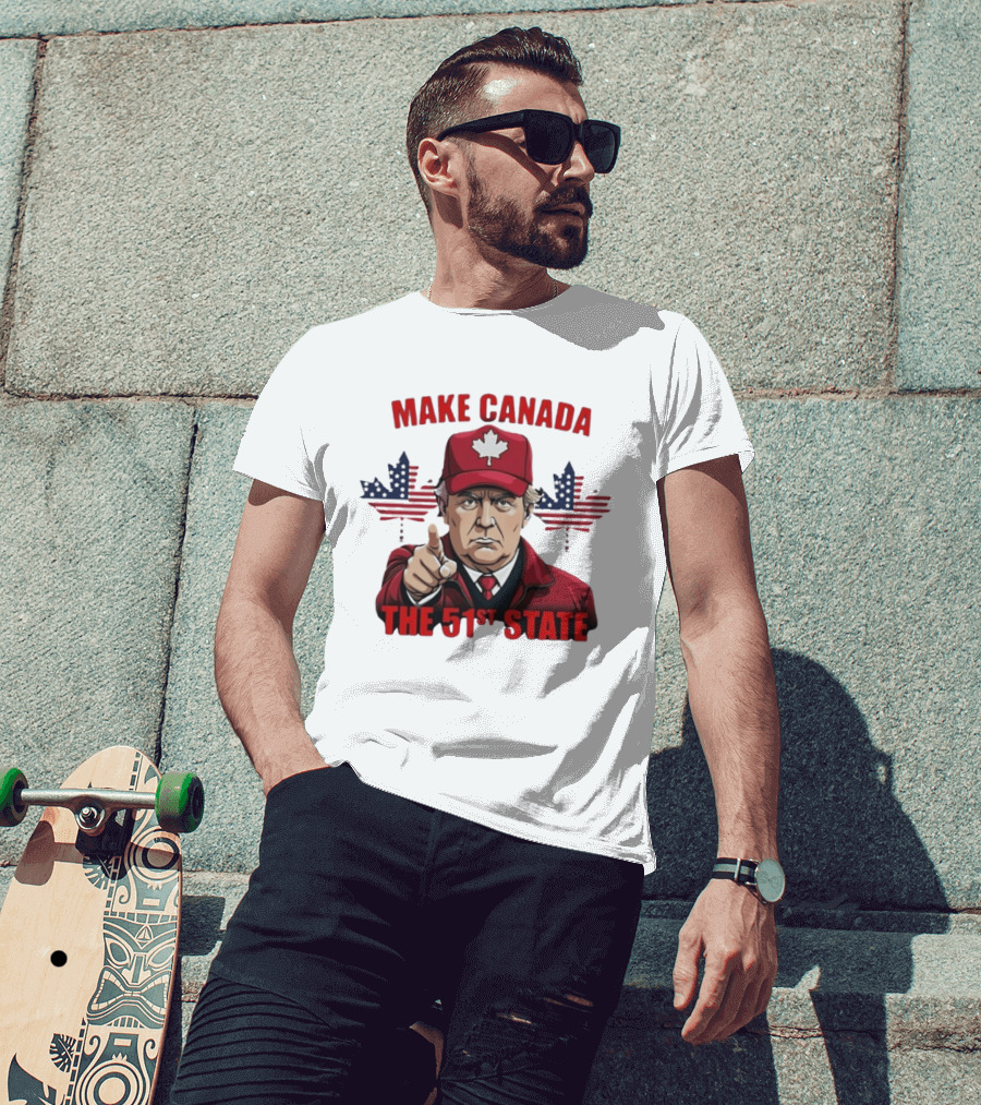 Make Canada The 51st State Trump Red Cap Maple Leaf Stars Stripes T-Shirt