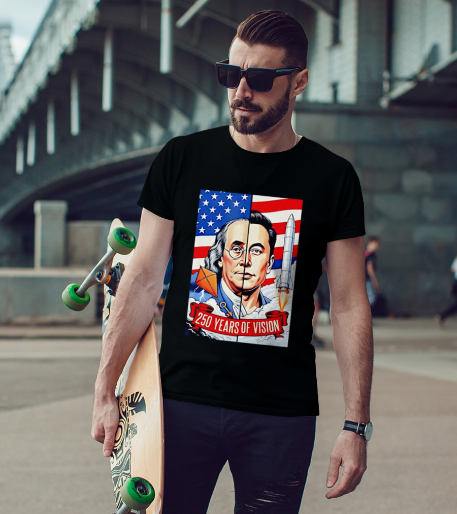 Benjamin Franklin Elon Musk Face American Flag Rocket Kite Key 250 Years Of Vision T-Shirt