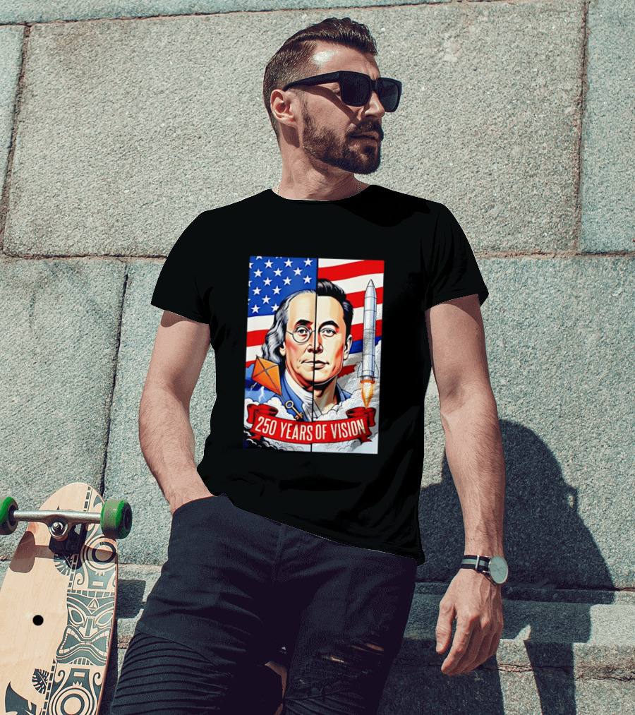 Benjamin Franklin Elon Musk Face American Flag Rocket Kite Key 250 Years Of Vision T-Shirt