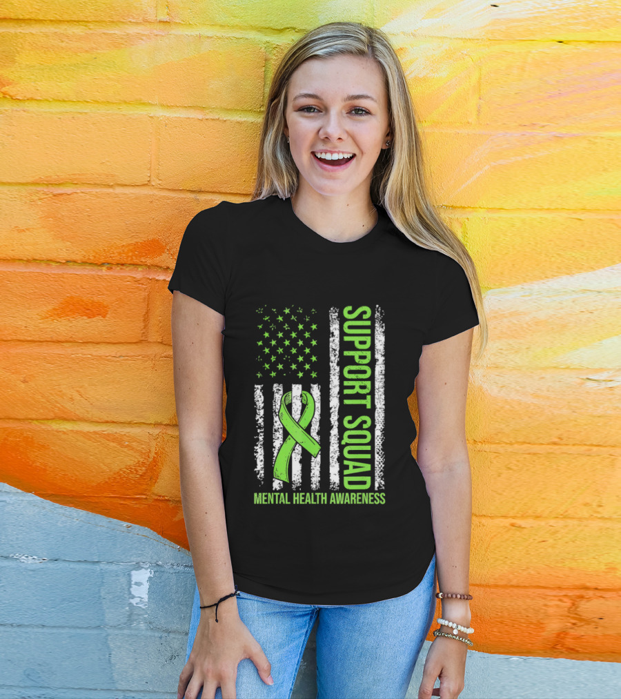 Support Squad US Flag Green Ribbon Mental Health Awareness T-Shirt