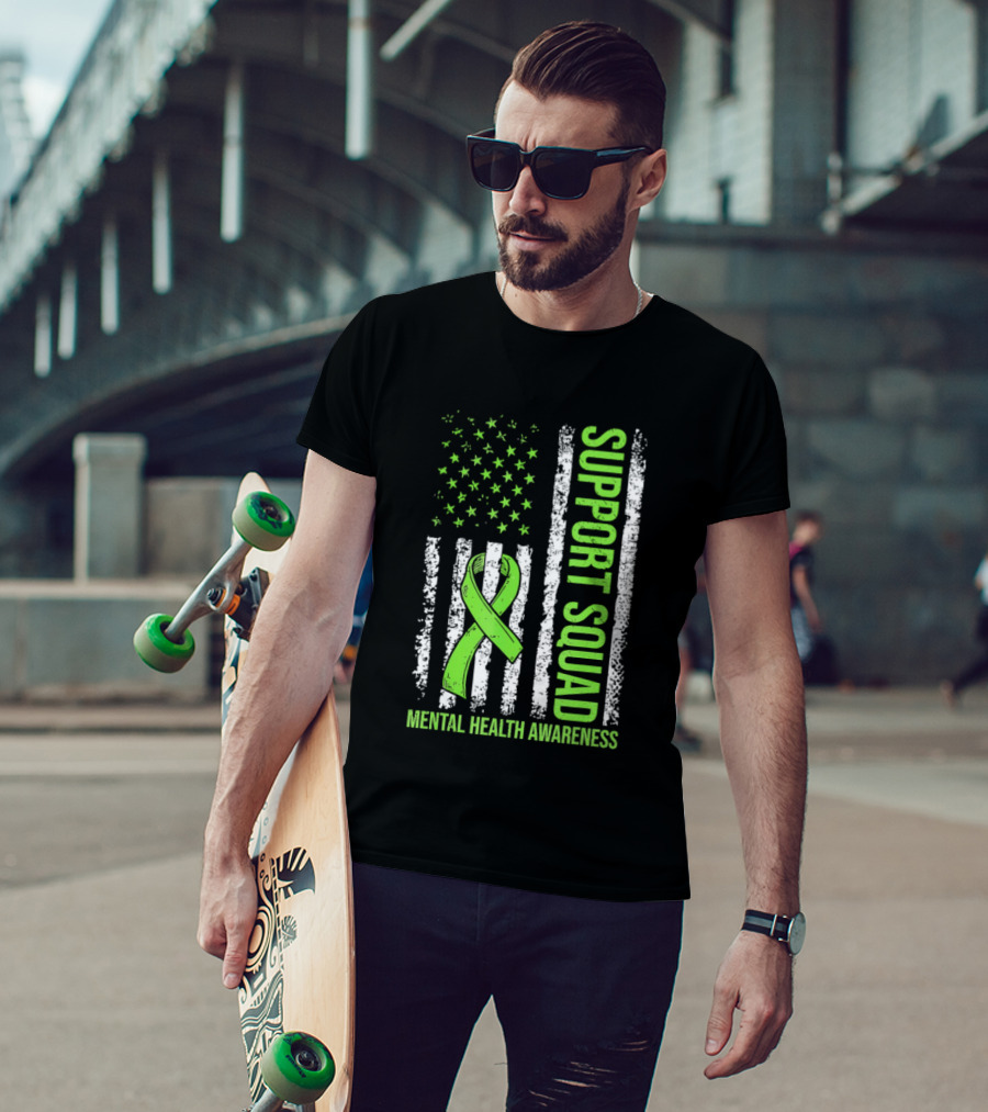 Support Squad US Flag Green Ribbon Mental Health Awareness T-Shirt