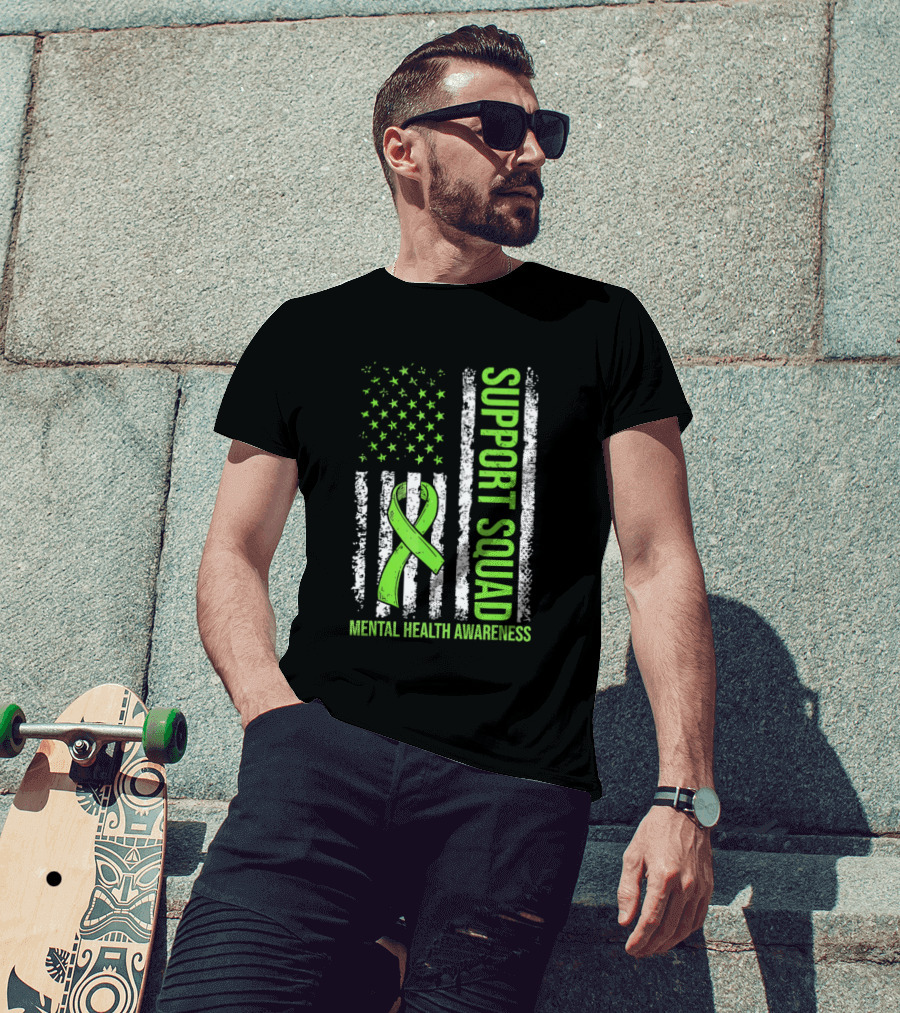 Support Squad US Flag Green Ribbon Mental Health Awareness T-Shirt