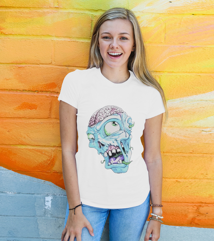 Annoyed Monster Head Zombie Skull Illustration With Exposed Brain And Worms T-Shirt