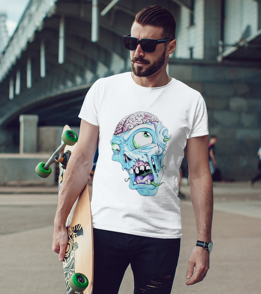 Annoyed Monster Head Zombie Skull Illustration With Exposed Brain And Worms T-Shirt