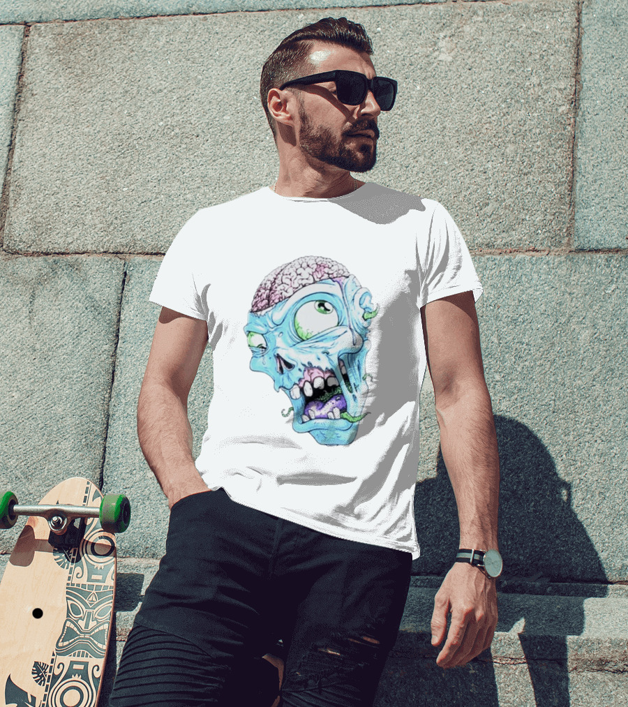 Annoyed Monster Head Zombie Skull Illustration With Exposed Brain And Worms T-Shirt