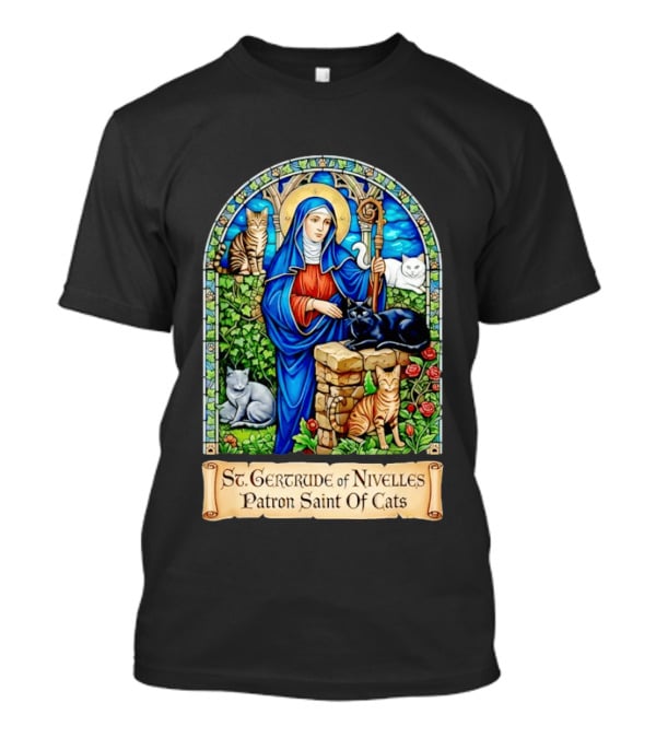 St. Gertrude Of Nivelles Patron Saint Of Cats Iconic Stained Glass Cat T-Shirt