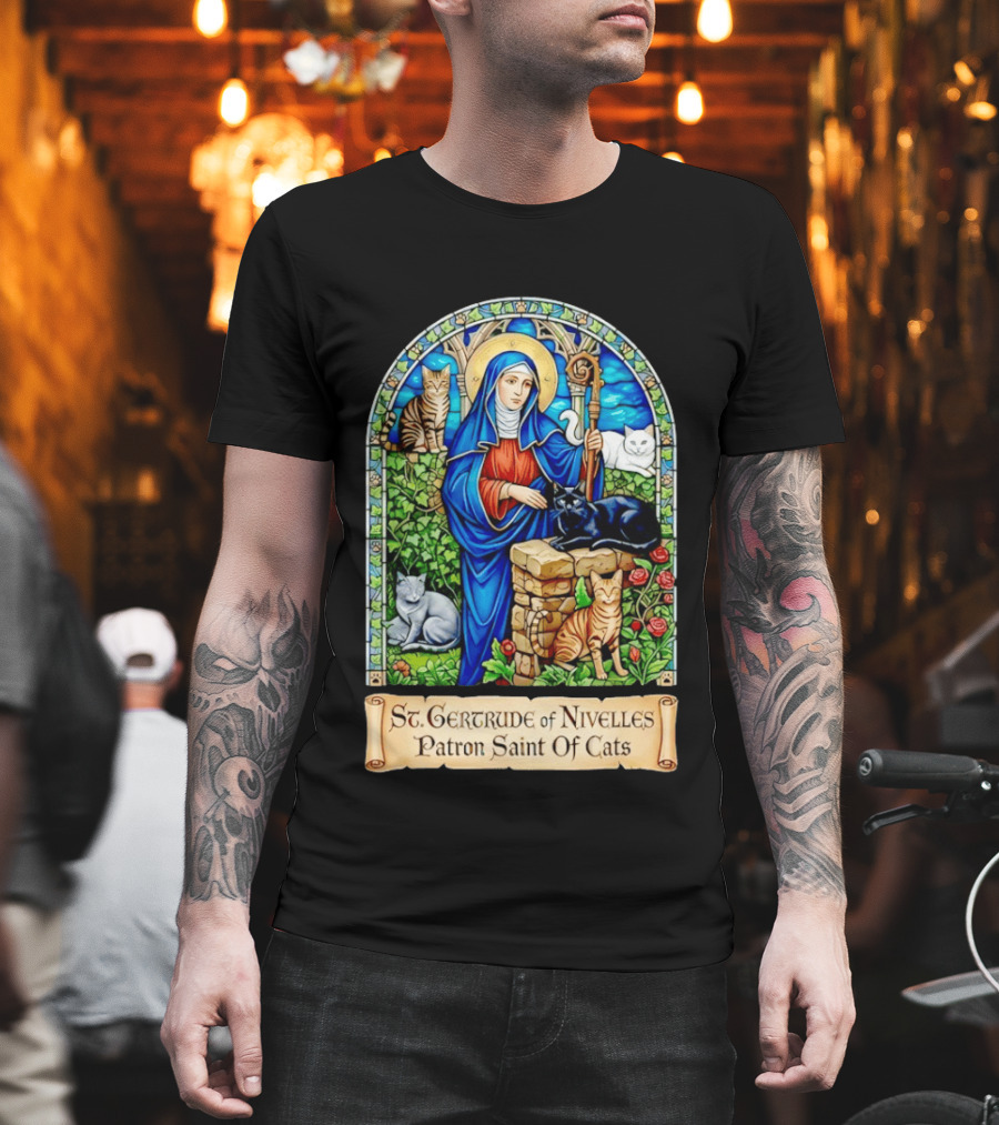 St. Gertrude Of Nivelles Patron Saint Of Cats Iconic Stained Glass Cat T-Shirt