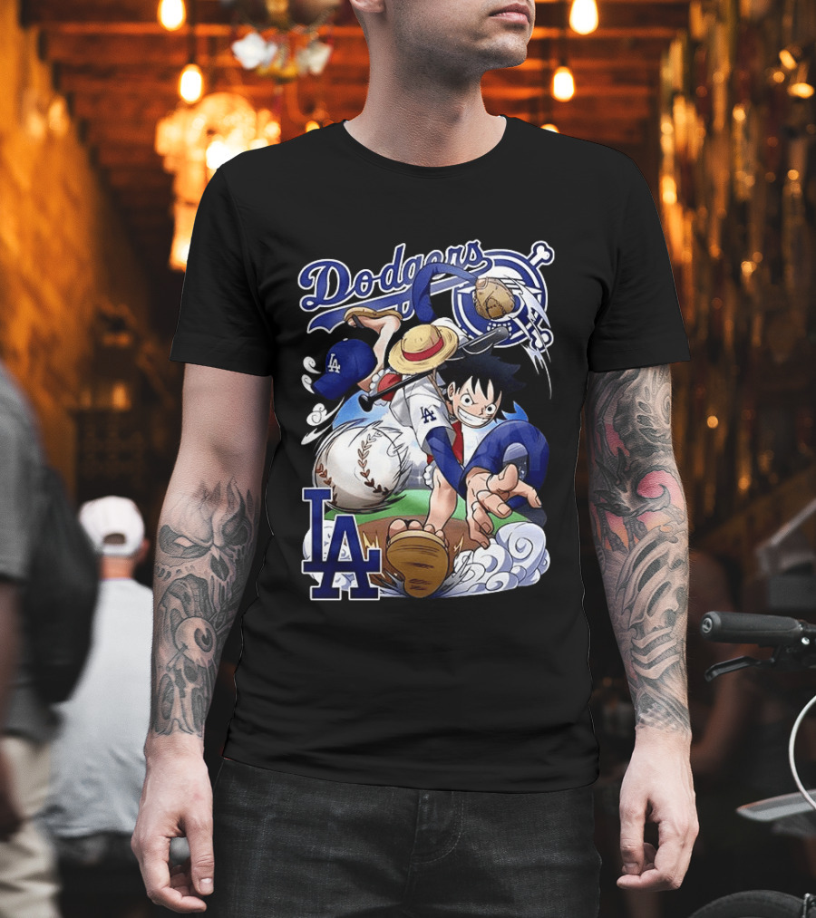 Luffy Los Angeles Dodgers One Piece Anime Crossover MLB Collaboration T-Shirt