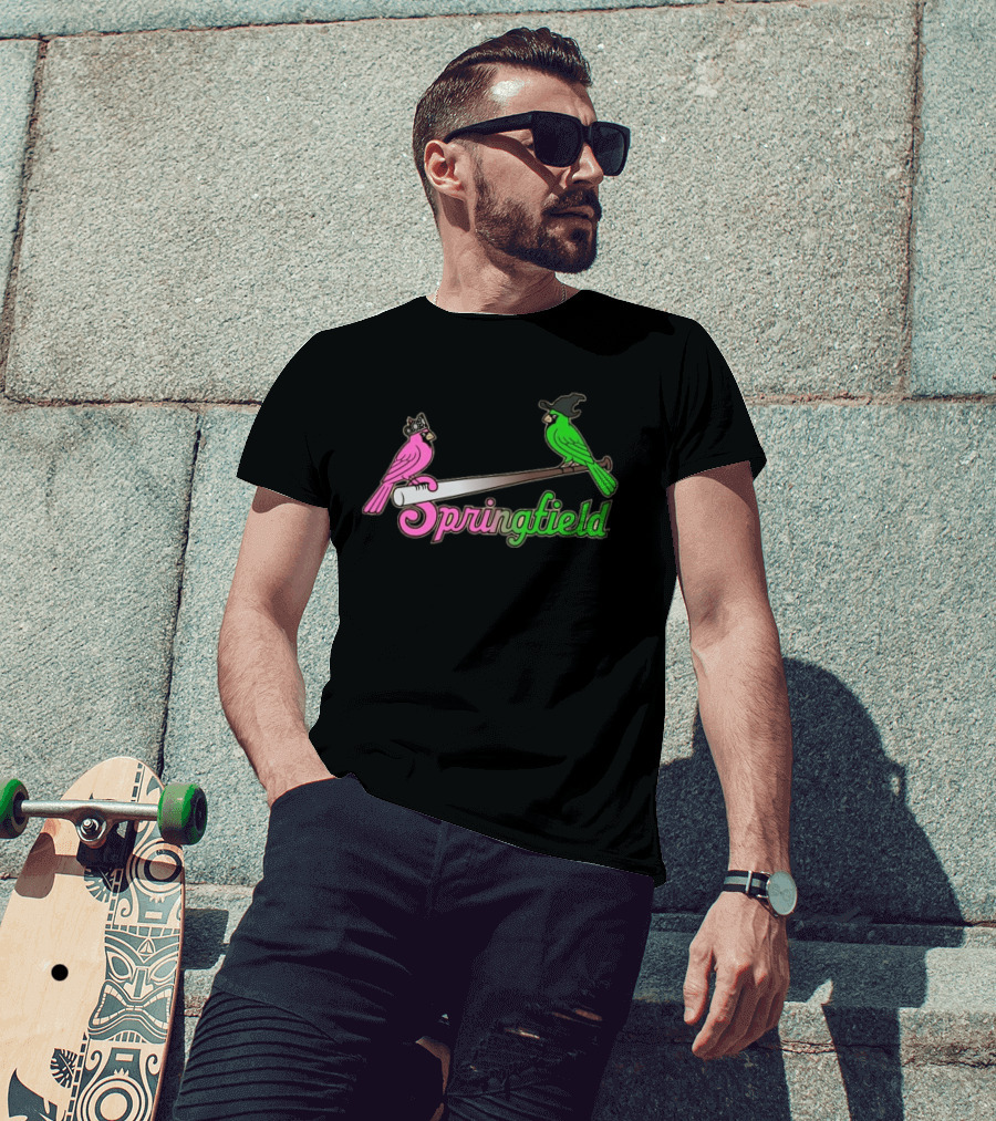 Springfield Cardinals Pink And Green Birds With Crown And Witch Hat Baseball Bat T-Shirt