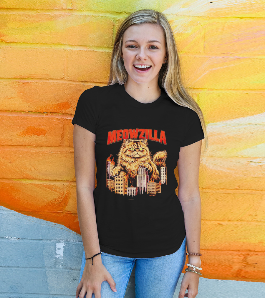 Meowzilla Giant Cat Rampage Over Burning City Skyline T-Shirt