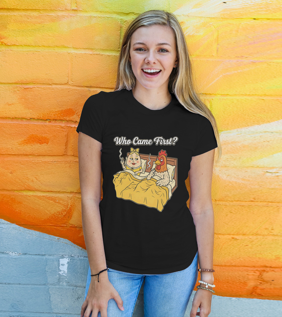 Who Came First Funny Chicken And Egg Bed Scene T-Shirt