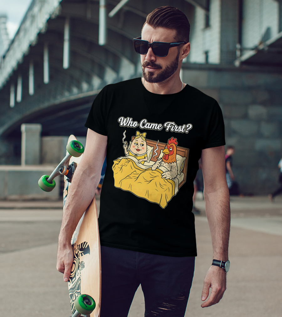 Who Came First Funny Chicken And Egg Bed Scene T-Shirt