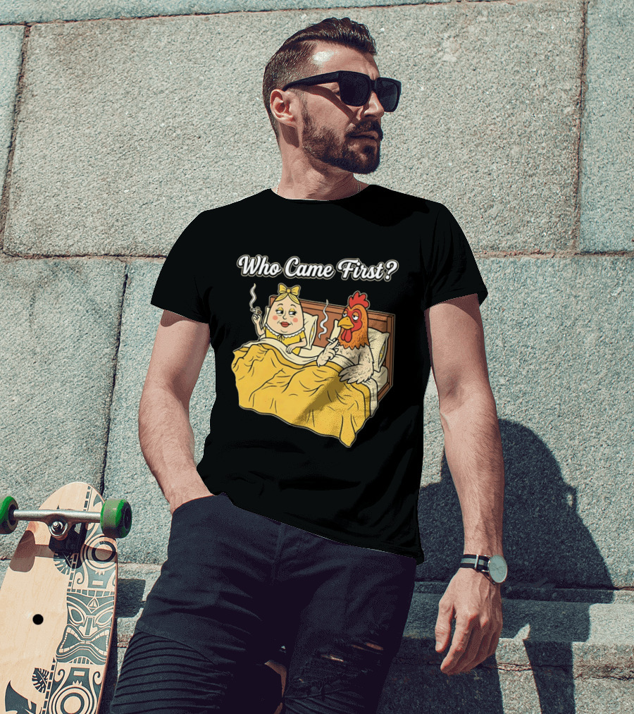 Who Came First Funny Chicken And Egg Bed Scene T-Shirt