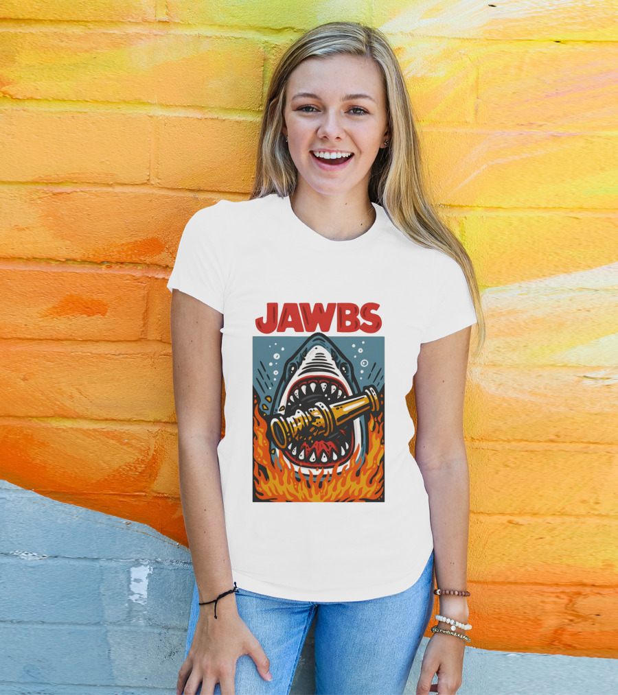 JAWS Jawbs Shark Biting Fire Hose Surrounded By Flames T-Shirt
