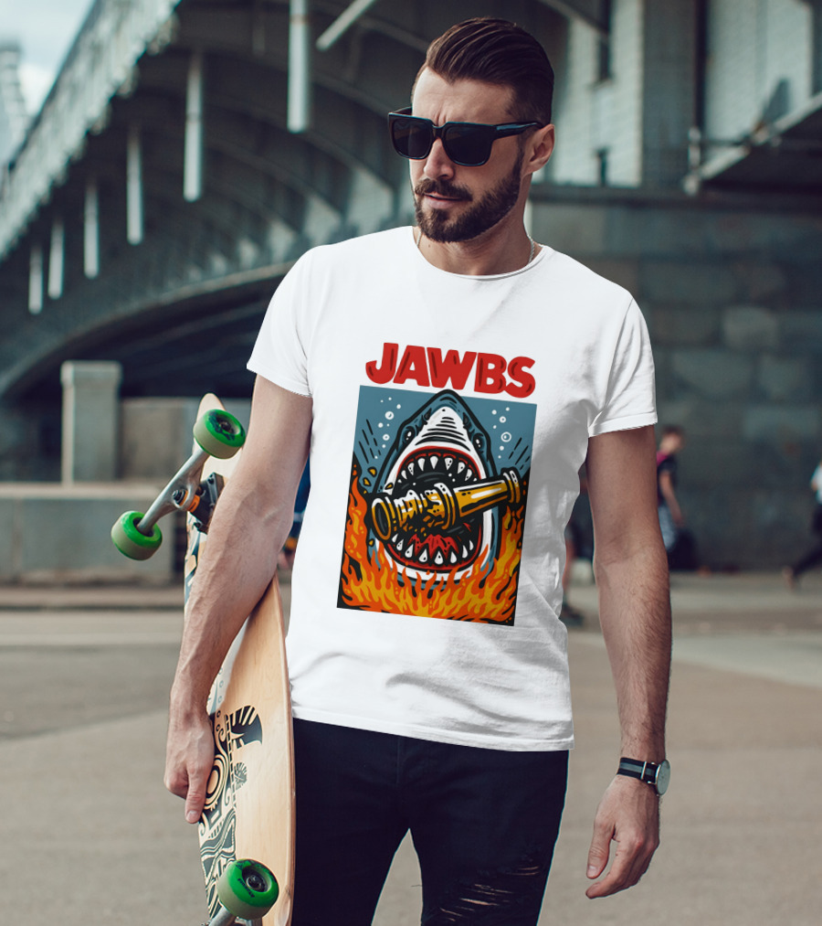 JAWS Jawbs Shark Biting Fire Hose Surrounded By Flames T-Shirt