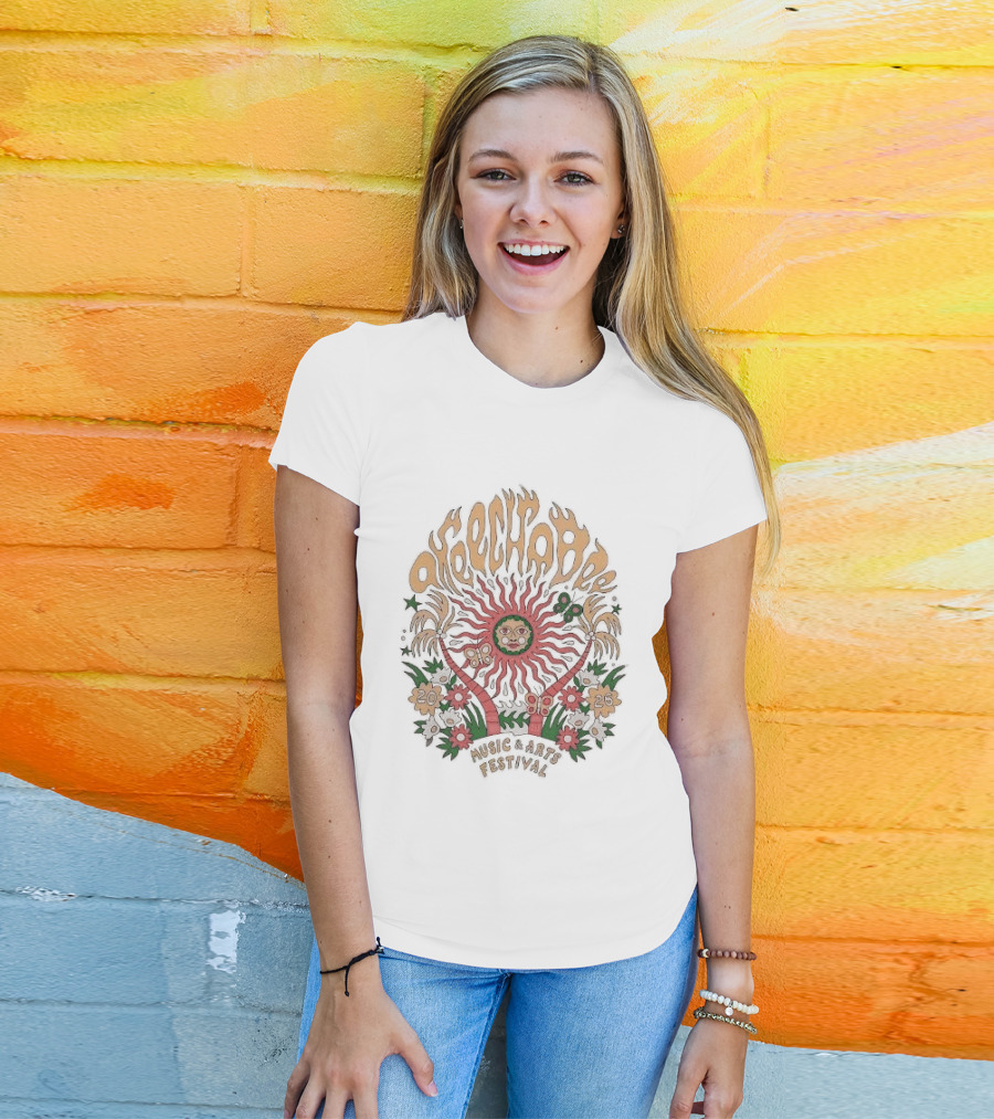 Okeechobee Music And Arts Festival 2026 Sun Illustration With Palm Trees And Floral Accents T-Shirt