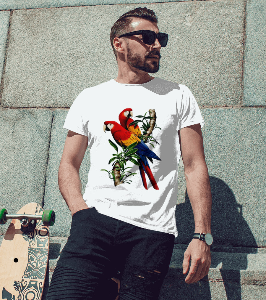 Parrot On Bret's Scarlet Macaw Tropical Branches T-Shirt