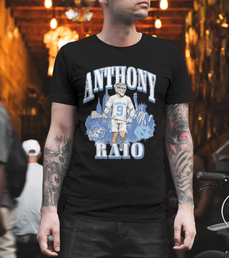 Anthony Raio Carolina 9 Lacrosse UNC Skyline Statue NYC T-Shirt