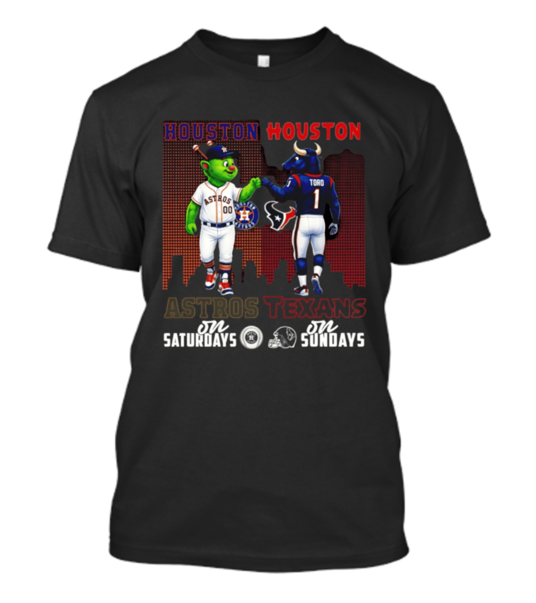 Houston Astros Orbit And Houston Texans Toro Skyline Saturdays Vs Sundays T-Shirt