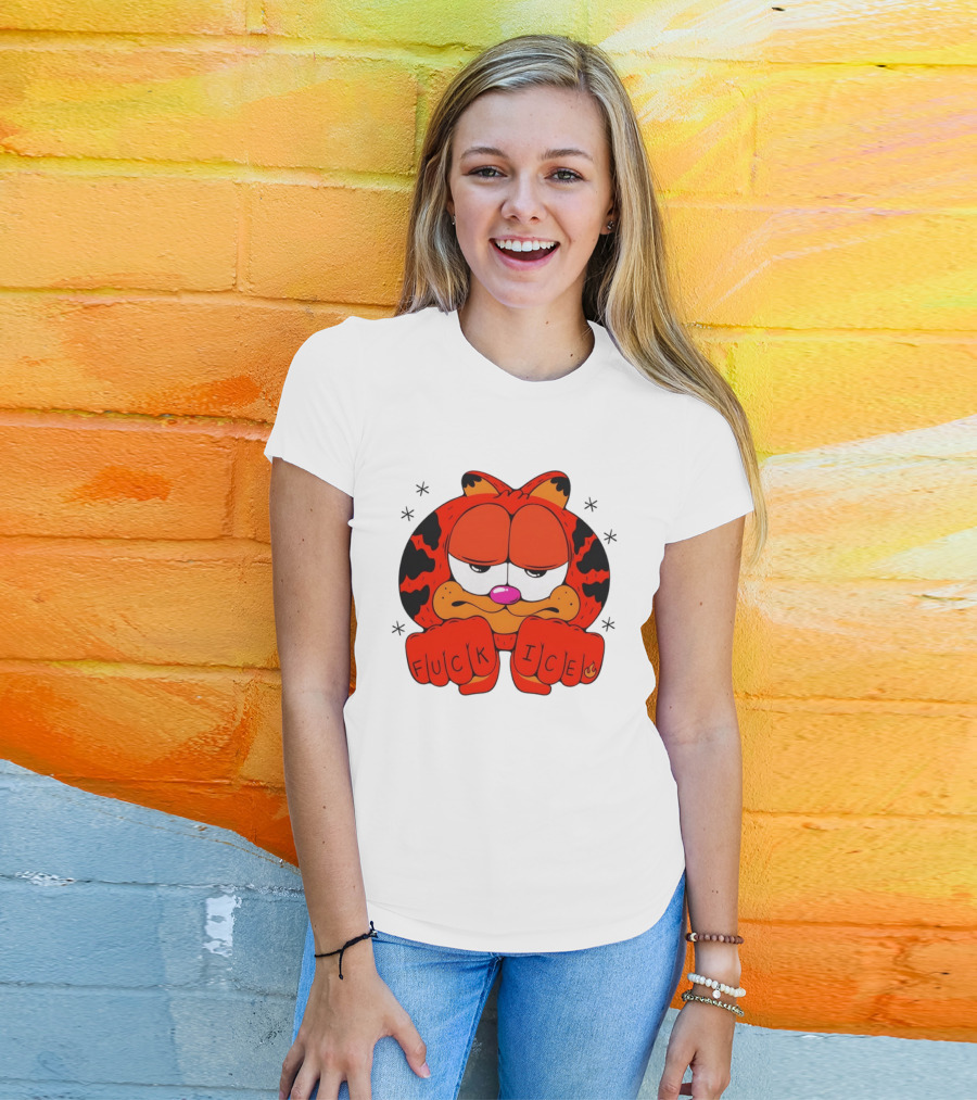 Orange Cat Garfield Meme Fuck Ice Hand Tattoos T-Shirt