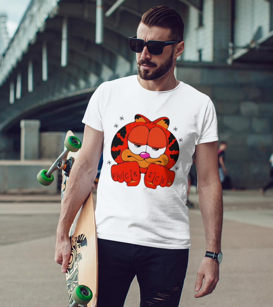Orange Cat Garfield Meme Fuck Ice Hand Tattoos T-Shirt