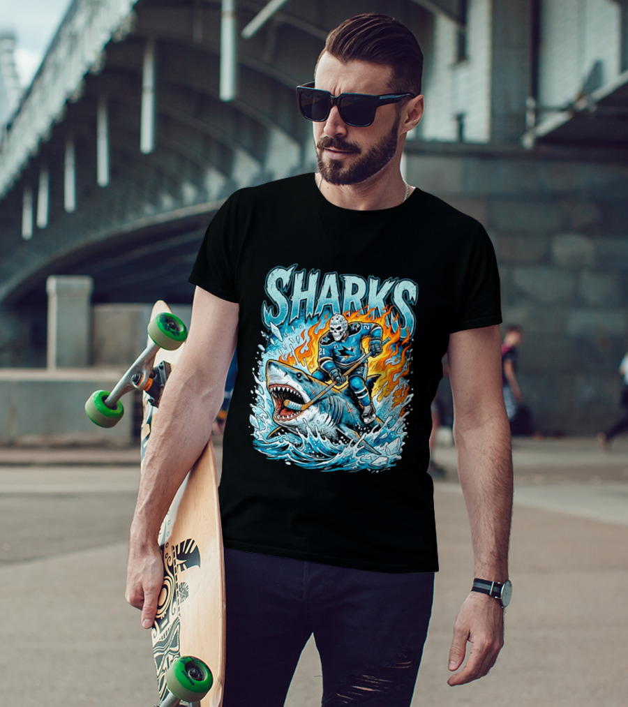 San Jose Sharks Hockey Player Riding Shark With Flames And Ice T-Shirt