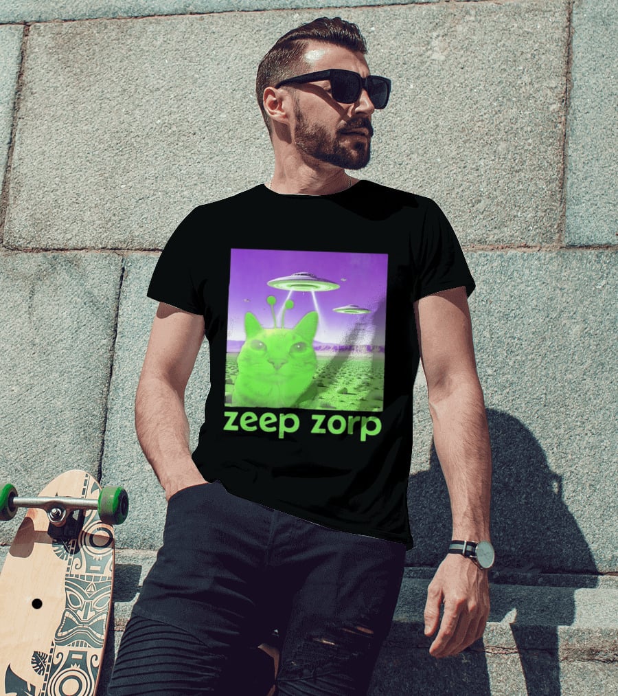 Zeep Zorp Green Cat Alien With UFOs In Space Desert Scenery T-Shirt