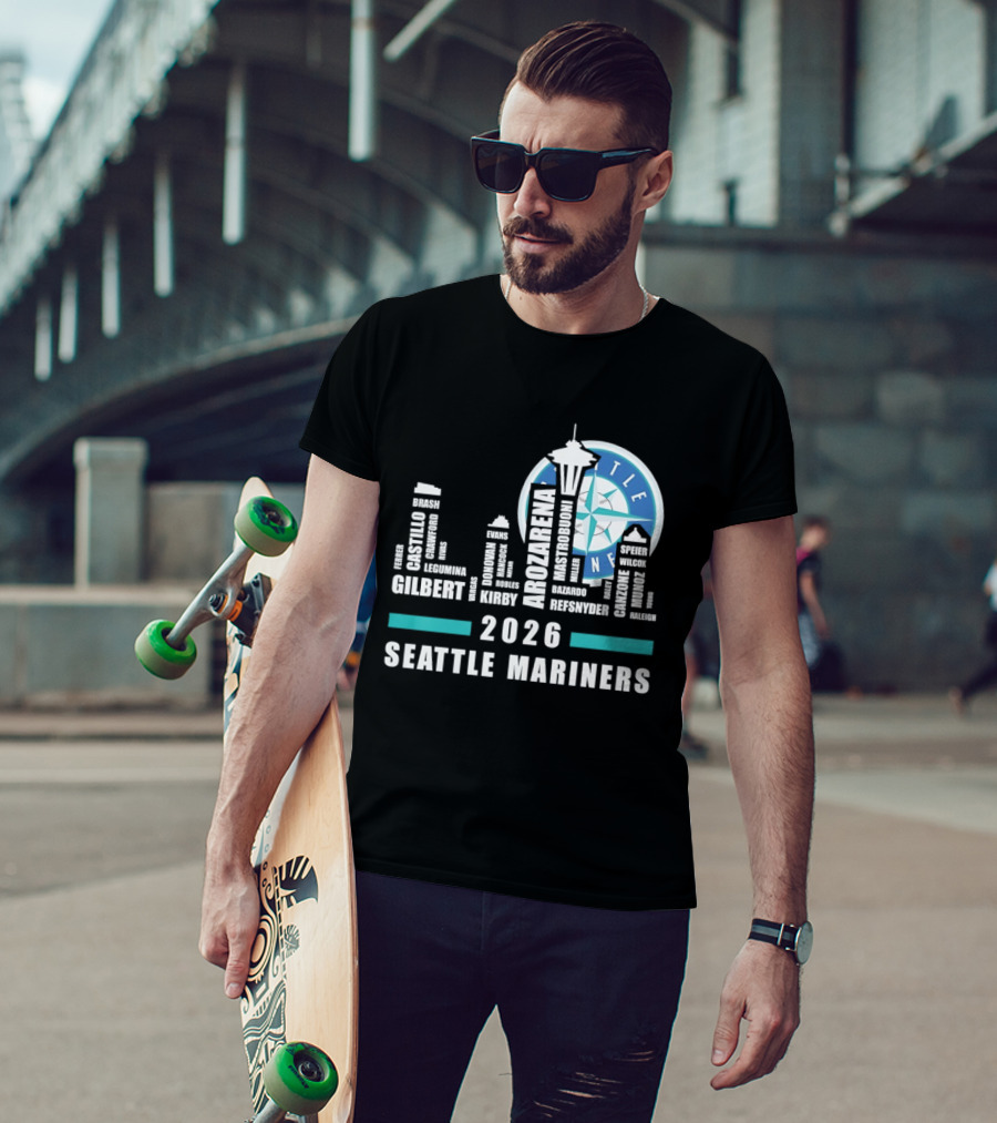 2026 Seattle Mariners City Connect Skyline With Player Names And Space Needle T-Shirt