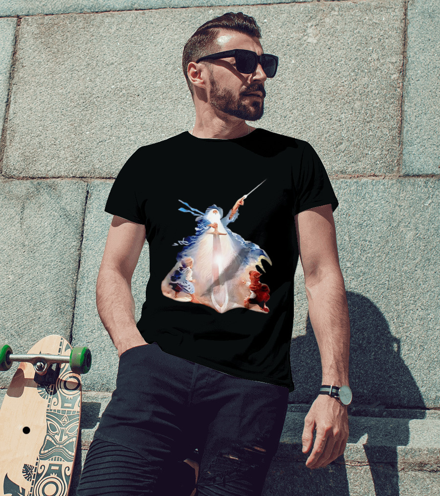 The Lord Of The Rings Gandalf And Hobbits Magic Sword Fantasy Scene T-Shirt