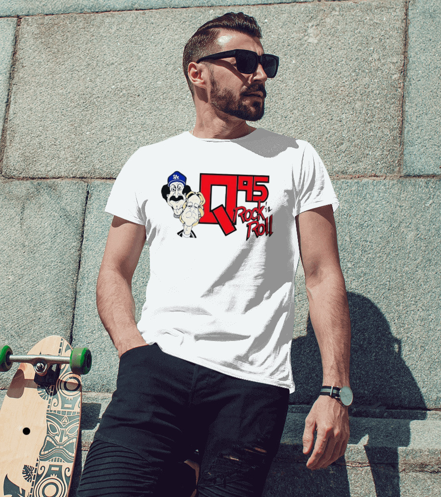 Q95 Rock 'n Roll Characters Wearing LA Dodgers Hat T-Shirt