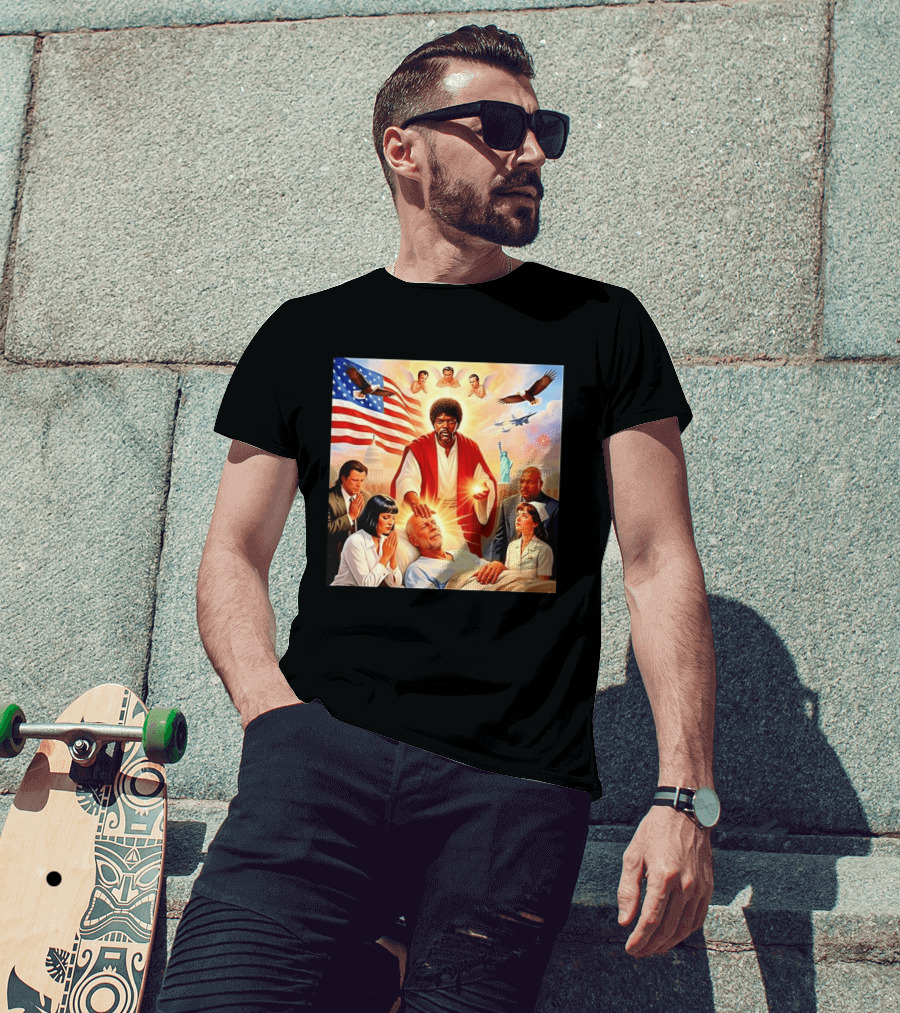 Samuel L. Jackson Exorcism Scene With Bruce Willis And US Patriotic Elements Meme T-Shirt