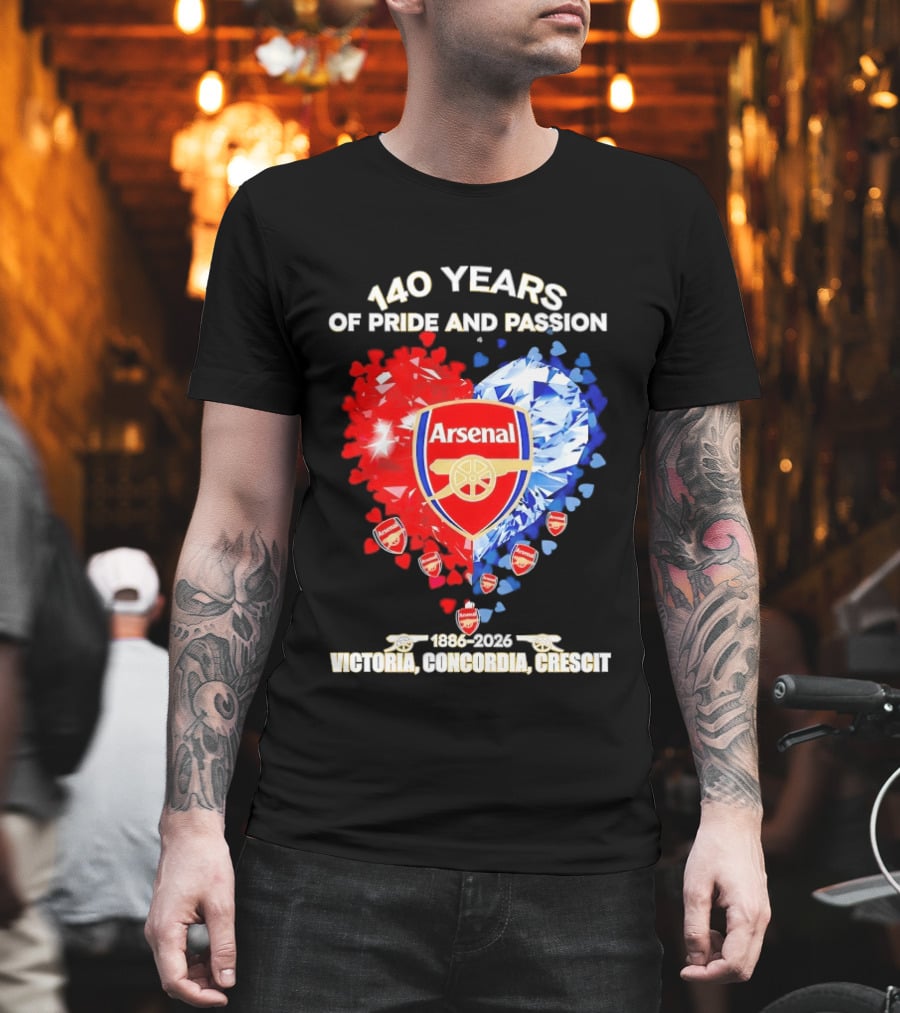 Arsenal 140 Years Of Pride And Passion Victoria Concordia Crescit 1886 2026 Heart Badge Crest T-Shirt