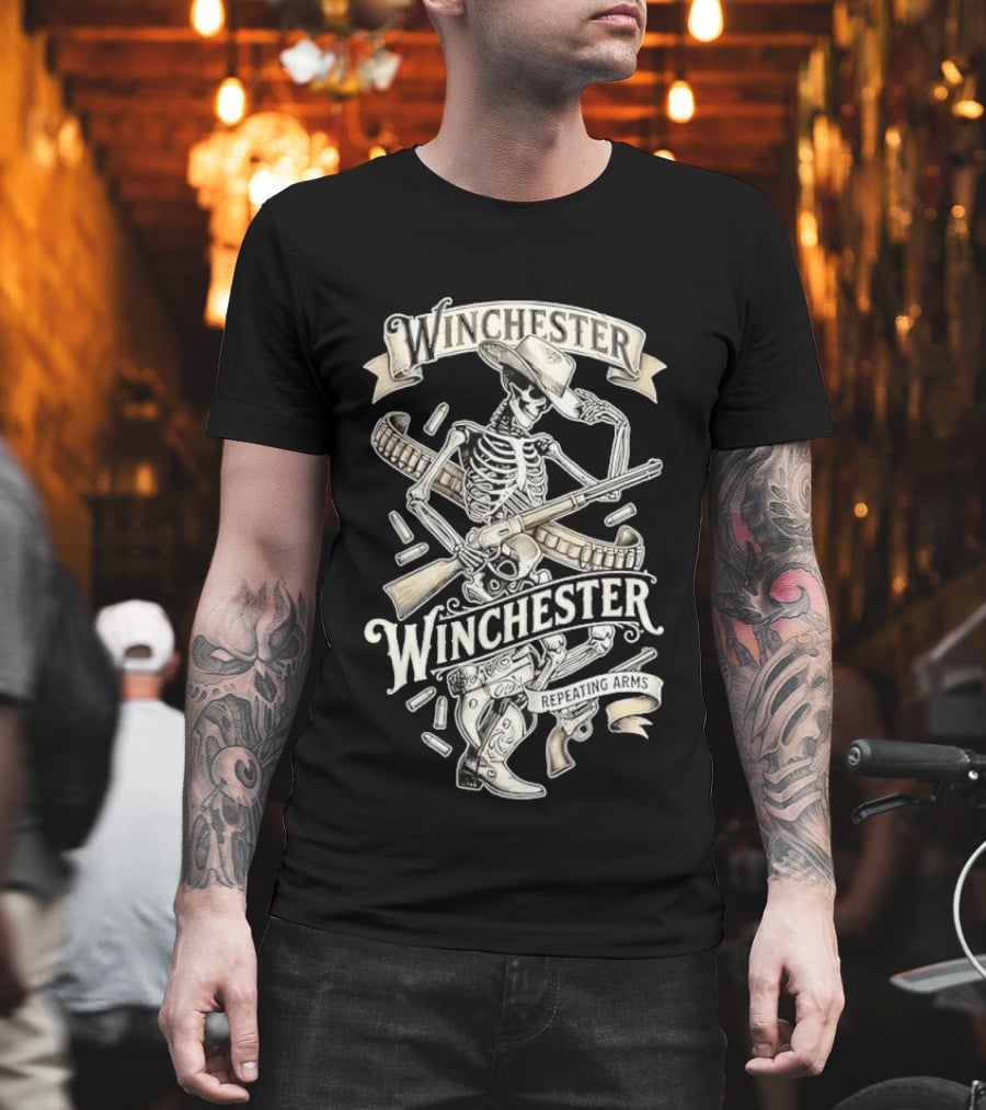 Winchester Repeating Arms Cowboy Skeleton With Rifle And Bullets T-Shirt
