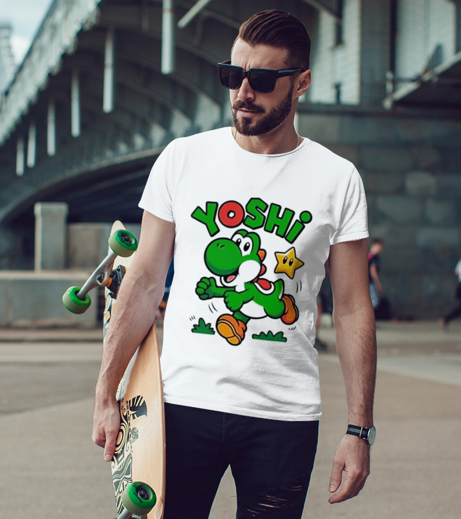 Yoshi Super Mario Green Dinosaur Running With Star T-Shirt