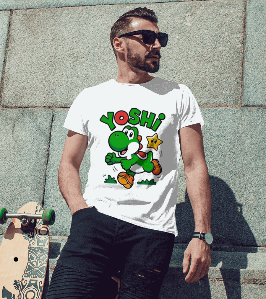 Yoshi Super Mario Green Dinosaur Running With Star T-Shirt