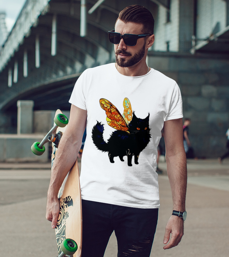 Black Cat With Colorful Fairy Wings Fantastical T-Shirt