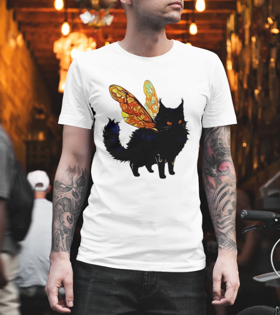 Black Cat With Colorful Fairy Wings Fantastical T-Shirt