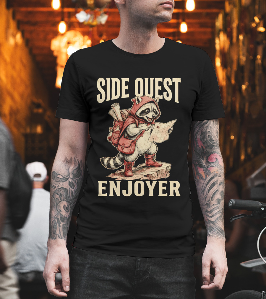 Side Quest Enjoyer Adventurer Raccoon With Map And Backpack T-Shirt