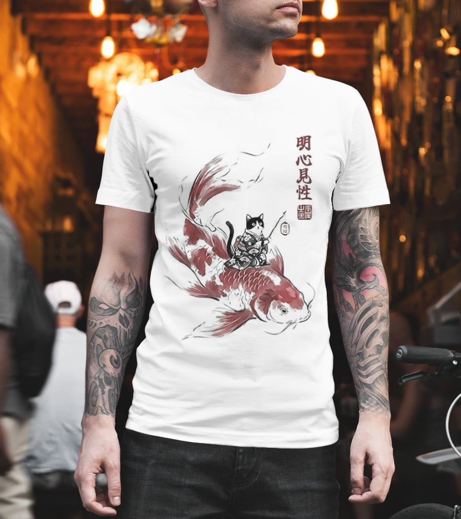 Kimono Cat Riding Koi Fish Classical Japanese T-Shirt