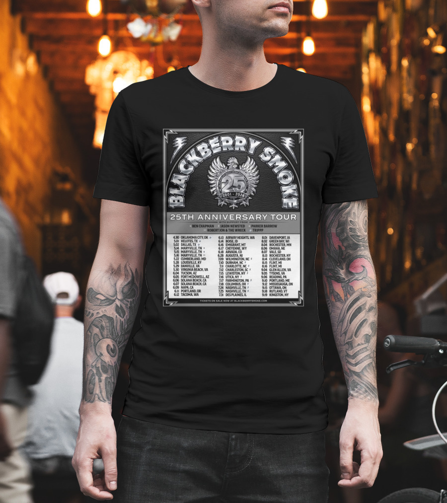 Blackberry Smoke 25th Anniversary Tour 2024 With Ben Chapman And Jason Newsted Featuring Parker Barrow And Robert Jon & The Wreck T-Shirt