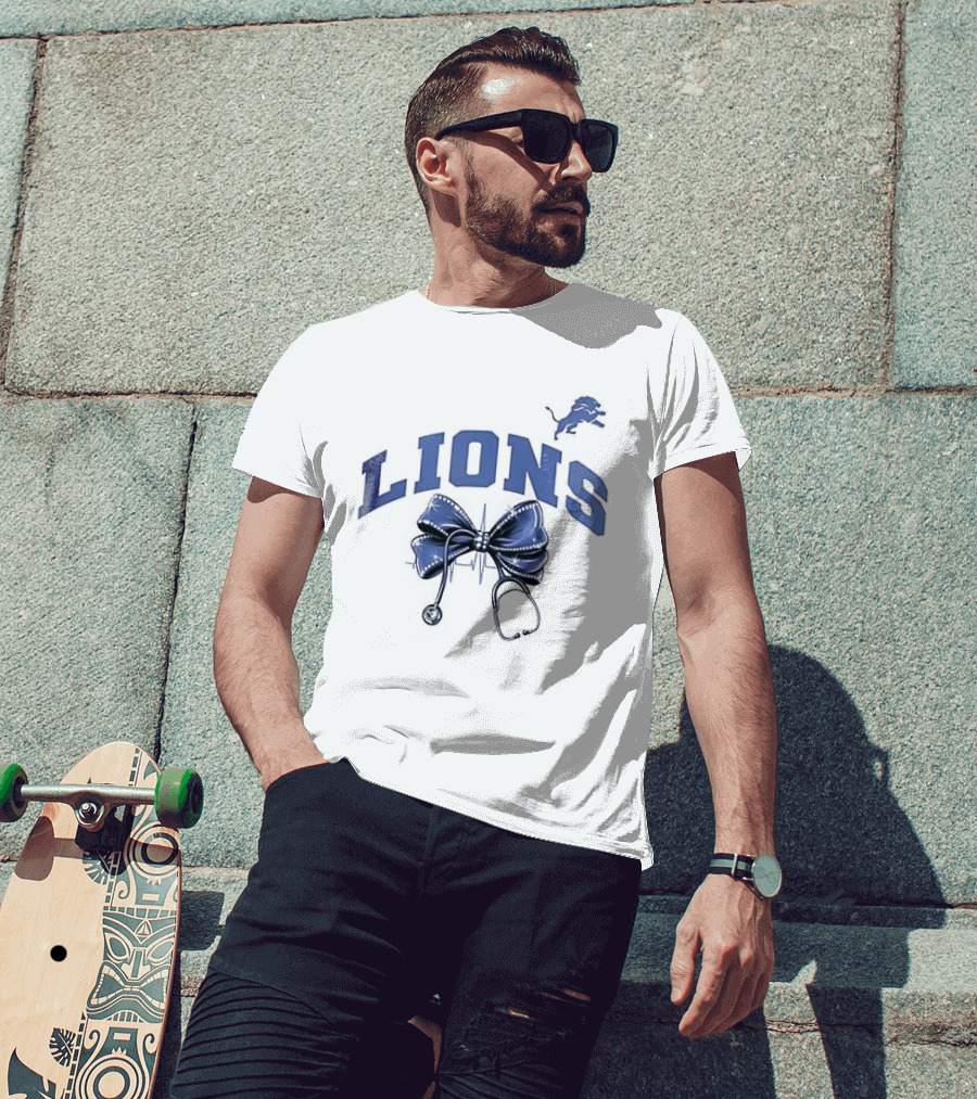 Detroit Lions Nurse By Heart By Soul With Stethoscope And Bow T-Shirt