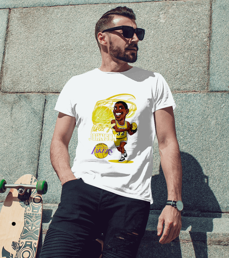 Magic Johnson 32 Los Angeles Lakers Basketball Caricature T-Shirt