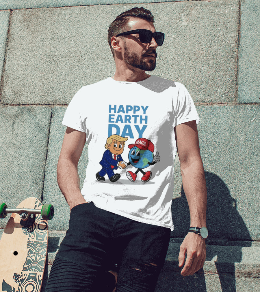 Happy Earth Day Trump MAGA Earth Cartoon Shaking Hands T-Shirt