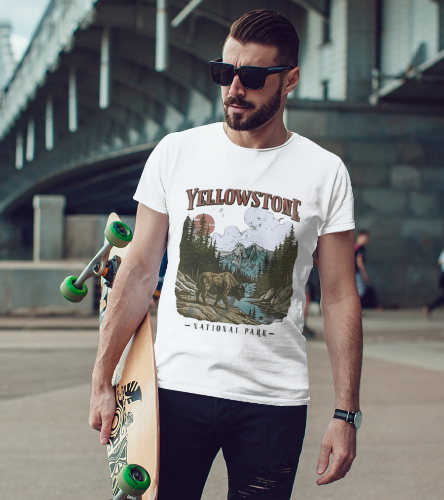 Yellowstone National Park Wild Buffalo By Stream Scenic Landscape T-Shirt