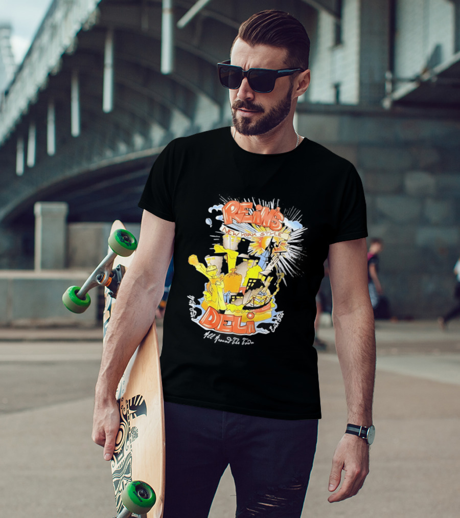 Rein's New York Style Deli Statue Of Liberty Cityscape Explosion T-Shirt