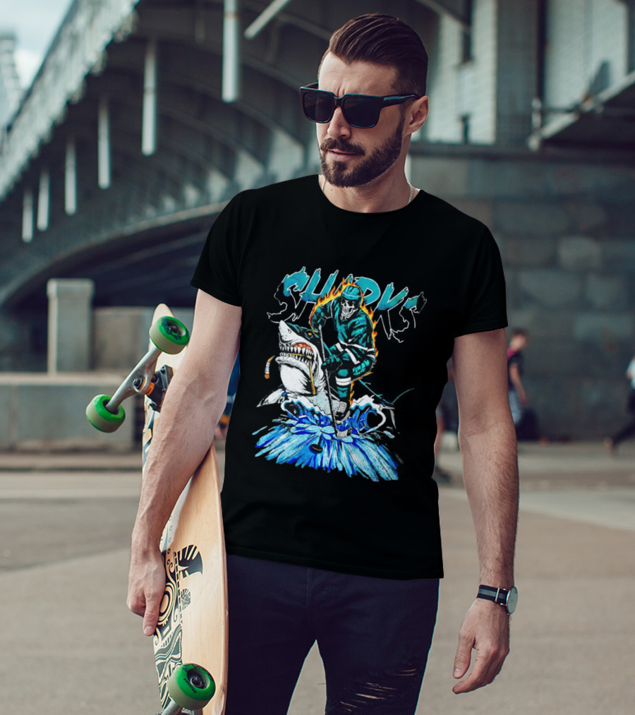 San Jose Sharks 90s Hockey Skull Flames Ice Shark Rider T-Shirt